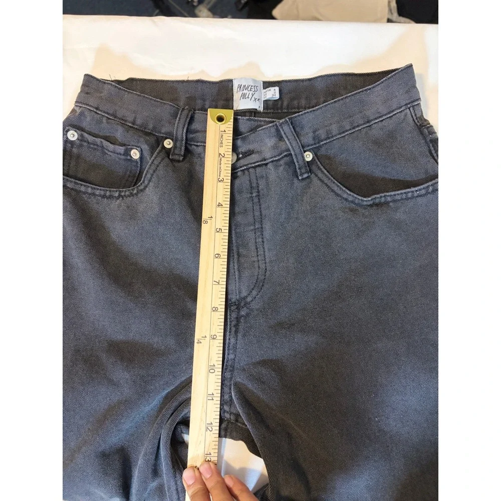 Princess Polly Crossover Waist Straight Leg Jeans Washed Black Raw Hem US 2